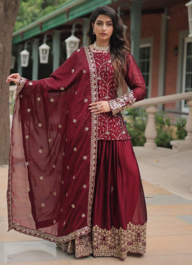 Rangoli Silk Maroon Festival Wear Embroidery Work Readymade Plazzo Suit